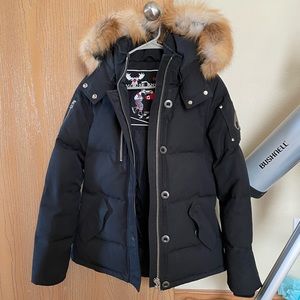 Moose Knuckles down-filled bomber coat with removable fur hood